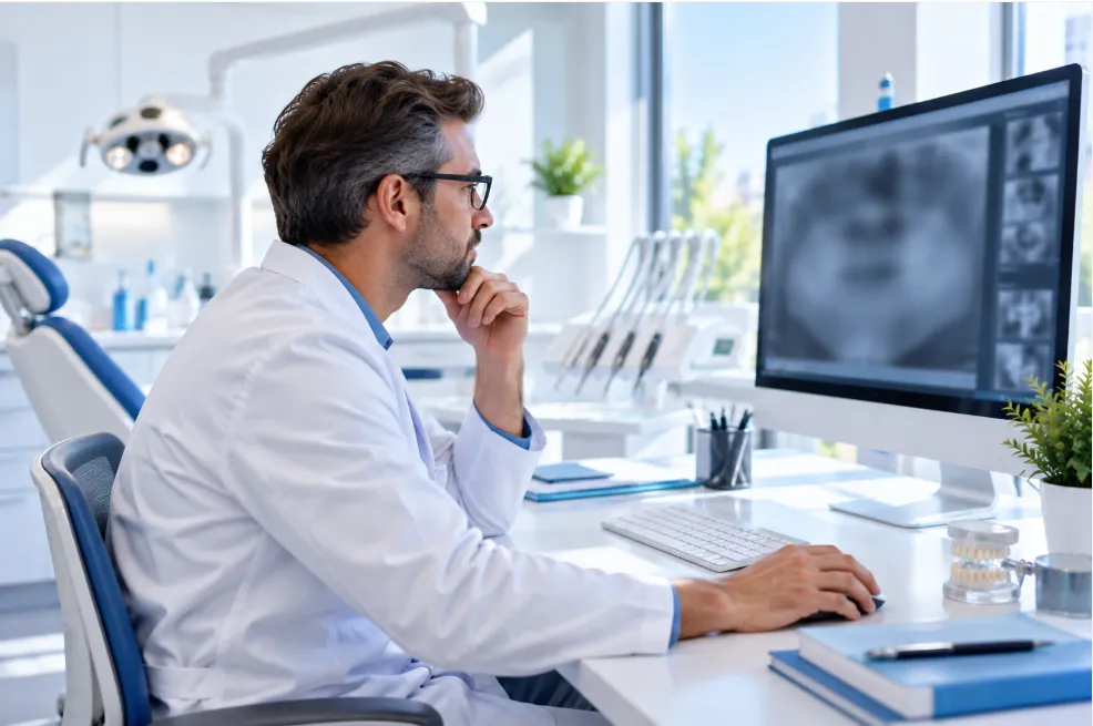 Illustration: a dentist reviewing a radiograph on a monitor, the image softly out of focus.