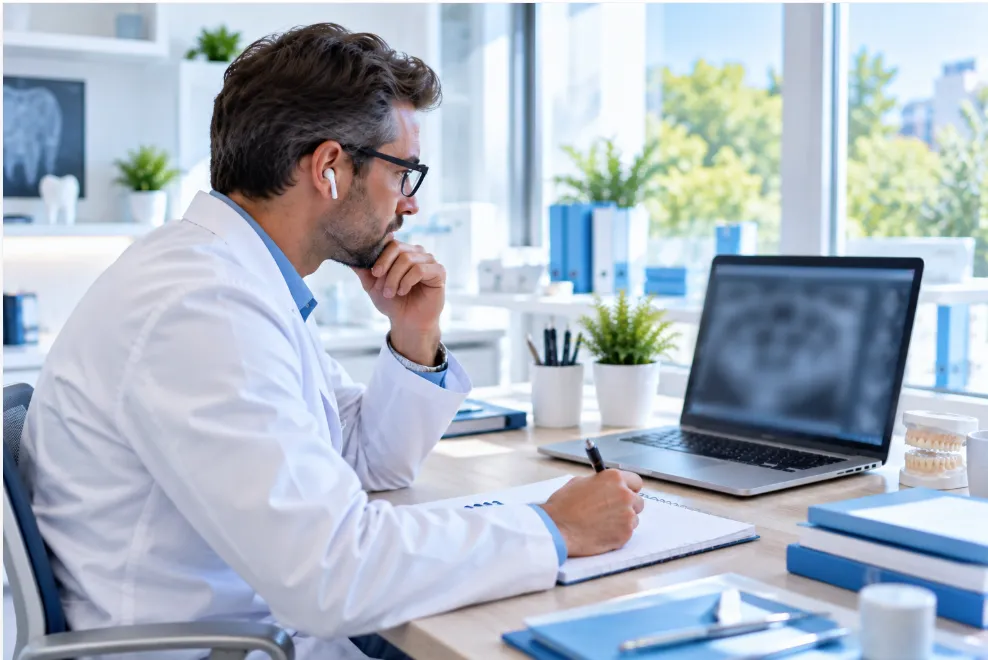 Illustration: a dentist at his desk taking notes during a call, a blurred radiograph shared on his laptop.