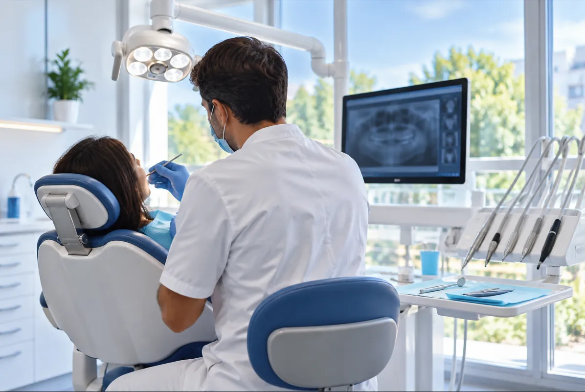 Illustration: a dentist at work beside a dental chair, a panoramic radiograph on the screen.