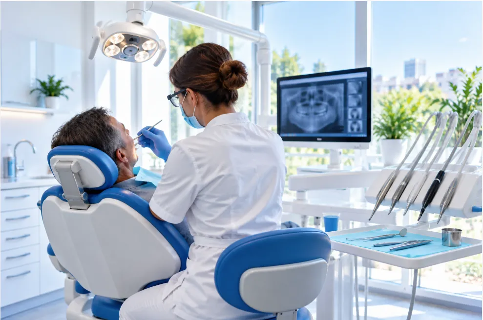Illustration: a dentist at work beside a patient in a dental chair, a radiograph on the screen.